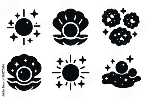 Interstellar Pearl Icons. Solid style icons of interstellar pearl cultivation: glowing pearls, cosmic shells, nebula clusters,