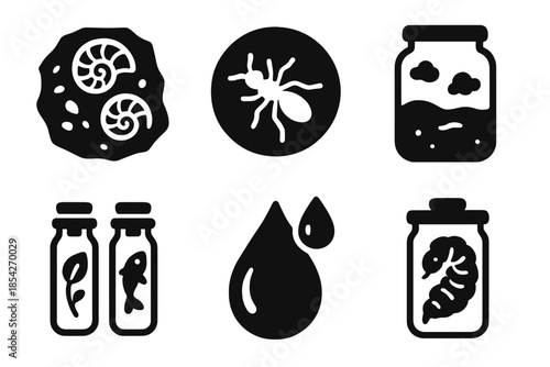 Preserved Moment Icons. Solid style icons of moment-in-time preservation: fossilized bubbles, amber spheres, suspended atmosphere,