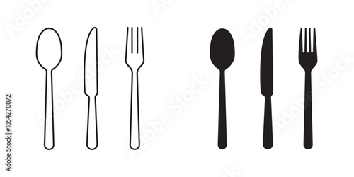 Collection of eight black and white cutlery silhouettes including spoons forks and knives