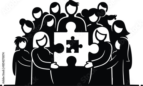 Flat design close up group of people holding puzzle piece together community teamwork collaboration symbol in silhouette vector black minimal icon front view circular unity support