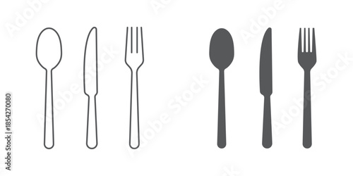 Collection of eight black and white cutlery silhouettes including spoons forks and knives