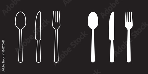 Collection of eight black and white cutlery silhouettes including spoons forks and knives