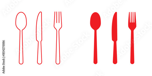  fork knife spoon icon set, dining tableware silhouette, restaurant food service symbol, minimal kitchen utensils vector illustration