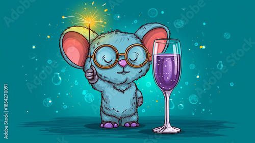 New year party celebration greeting card with text, cute animal with sparkler and beverage glass, isolated on turquoise background, festive character, humorous theme, with copy spa