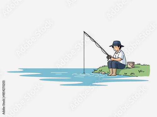 Man Sitting on Bank Fishing with Rod.