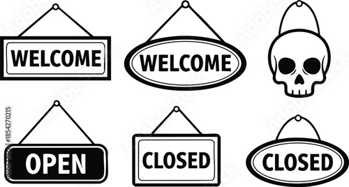 Line art icon set featuring hanging welcome open closed signs and skull badge front view oval and rectangular shop door signs black outline flat vector minimal