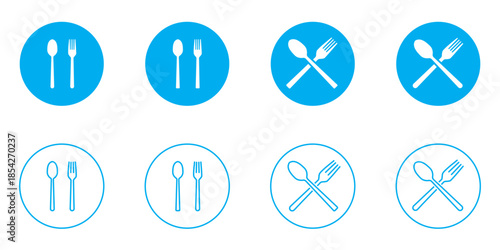 Illustration of various cutlery arrangements, including crossed knife and fork, spoon, knife, and fork combinations, isolated on white background
