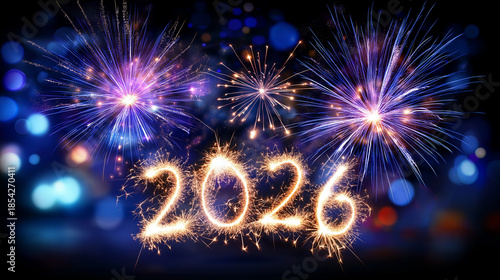 Wallpaper Mural New year celebration greeting card, year 2026 in sparkler font and firework pyrotechnic, blue night sky background defocused, festive display, celebration typography, with copy spa Torontodigital.ca