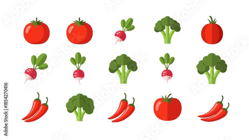 Fresh Vegetable Assortment Tomatoes, Broccoli, Radishes, and Chili Peppers in a Colorful Illustration
