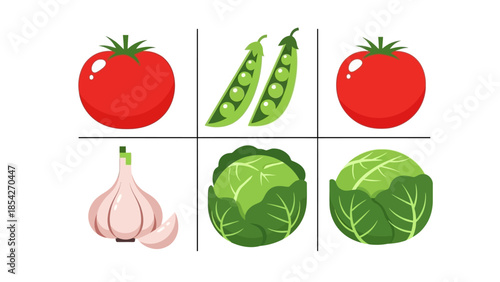 Fresh Vegetable Arrangement Tomatoes, Peas, Garlic, and Cabbage for Culinary Delights