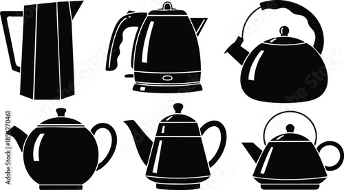 Flat design high contrast kettle and teapot silhouette icon set six side views isolated on white background bold graphic vector illustration simple clean lines modern minimal