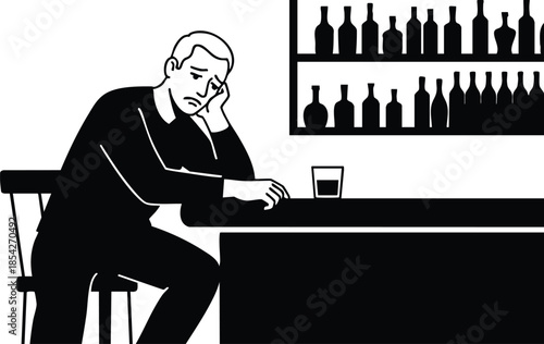 Minimalist line art close up of solitary man sitting at bar looking down with glass on counter bottles on shelf behind somber mood monochrome evocative solitude