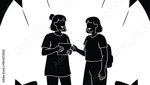 Silhouette vector close up of two young women smiling and talking one holding a cup wearing backpack and t shirt on urban street high contrast monochrome