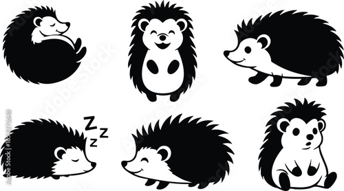 Flat design set of six black and white hedgehog icons showing different poses and expressions including curled sleeping walking sitting facing forward playful friendly vector art