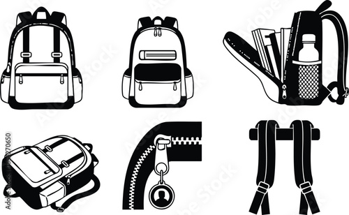 Flat icon backpack front back side opened pocket with water bottle books zipper pull adjustable straps top handle mesh pocket close up minimalist monochrome vector illustration