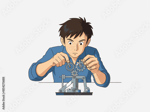 Man Assembling Mechanical Gear System.