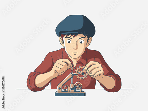 Man Assembling Mechanical Toy Car Parts.