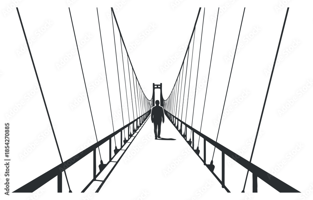 Fototapeta premium A silhouette of a person walking on a suspension bridge in minimalist black and white vector style, perfect for concepts of journey and solitude