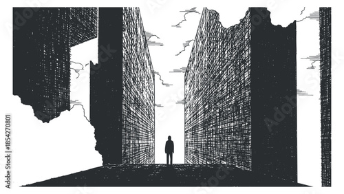 A solitary figure standing between towering abstract buildings in monochrome outline style, ideal for urban-themed illustrations