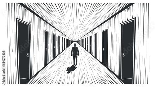 A person walking down a long hallway lined with doors in a black and white abstract vector style, suitable for artistic projects and symbolic representations