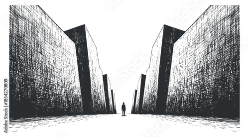 A solitary man standing between towering walls in a monochrome minimalist vector style, ideal for conceptual art and design projects
