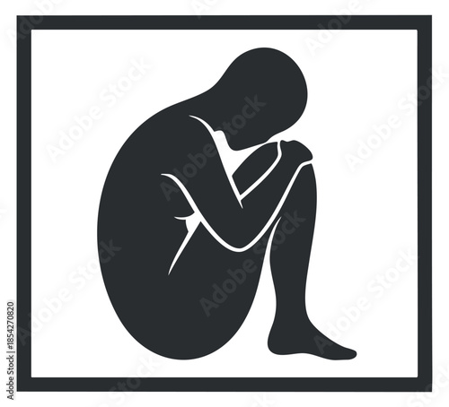 A silhouette of a curled-up human figure in black and white minimalist vector style, representing sadness and isolation, ideal for mental health awareness and emotional wellness themes