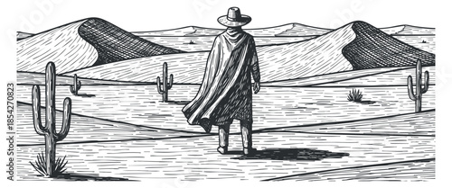 A lone cowboy walking through a desert landscape with cacti and mountains in monochrome vintage vector style, ideal for western-themed designs