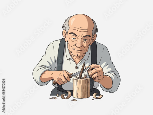 Older Man Whittling Wooden Object with Knife.