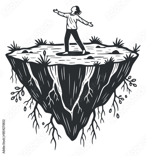 A man standing on a floating island with roots and trees in black and white vector style, ideal for artistic and conceptual projects