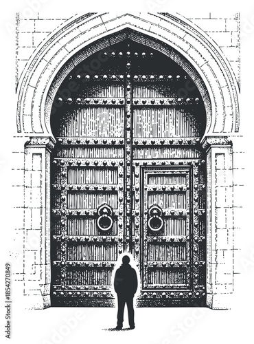 A large ornate wooden door with intricate designs and a silhouette of a person standing before it in black and white illustration style, perfect for architectural themes and storytelling