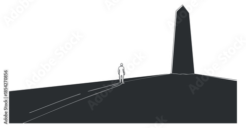 A silhouette of a person standing near a tall monument in minimalist black and white vector style, ideal for artistic designs and illustrations