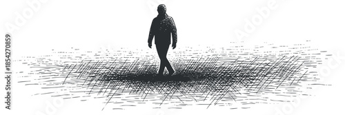 A silhouette of a person walking through abstract lines in minimalist black and white vector style, suitable for artistic and conceptual projects