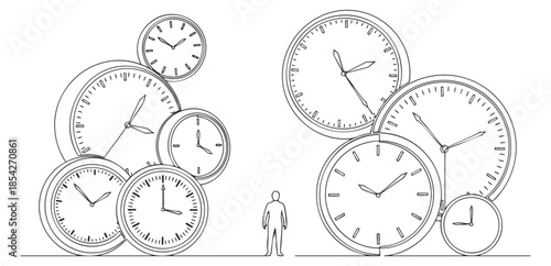 A collection of various clock designs in black and white minimalist vector style, representing the concept of time management.