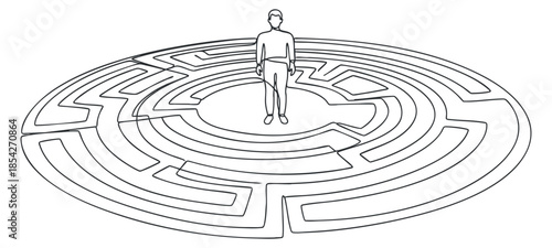 A person standing at the center of a complex maze in minimalist black and white vector style, ideal for concepts of problem-solving and navigation