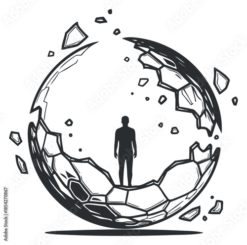 A silhouette of a person standing inside a broken globe with shattered pieces in minimalist vector style, symbolizing transformation and isolation