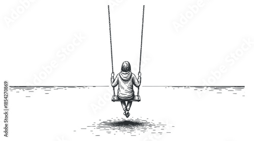 A person swinging on a swing set in a black and white minimalist vector style, capturing themes of solitude and freedom