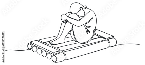 A person sitting in a curled position on a floating raft in minimalist line art vector style, ideal for wellness and relaxation themes