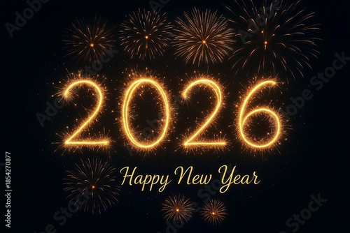 Happy New Year 2026 Celebration with Golden Fireworks in Night Sky