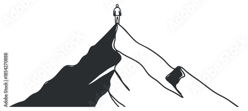 A minimalist outline illustration of a hand pointing to a person standing on a mountain peak, symbolizing achievement and motivation