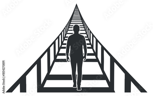 A silhouette of a person walking down an abstract path with a perspective effect in minimalist black and white vector style, suitable for motivational themes and personal growth concepts