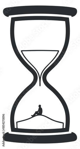An hourglass silhouette with a figure sitting in the bottom part in minimalist black and white vector style, ideal for concepts of time and meditation