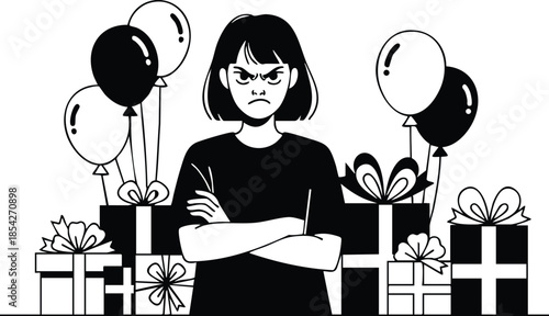 Minimalist line art front view annoyed teenage girl arms crossed among birthday gifts and balloons high contrast black and white vector flat design studio unhappy expression