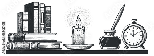 A collection of vintage books, a candle, ink, a pen, and a clock in black and white illustration style, perfect for educational and literary projects