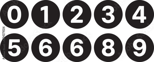 Set of bold white numeric digits 0 to 9 in black circular buttons, isolated on white background, perfect for counting, numbering, or indexing designs.