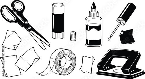 Line art top view assorted craft tools and stationery close up scattered layout showing scissors glue stick liquid glue roll tape hole punch torn paper pieces