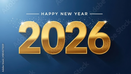 Happy new year 2026 luxurious golden numbers on a sparkling blue background