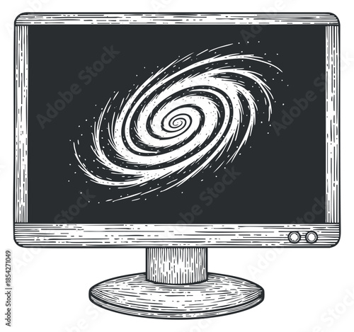 A computer monitor displaying a swirling galaxy illustration in detailed black and white retro style, ideal for technology and space-themed designs