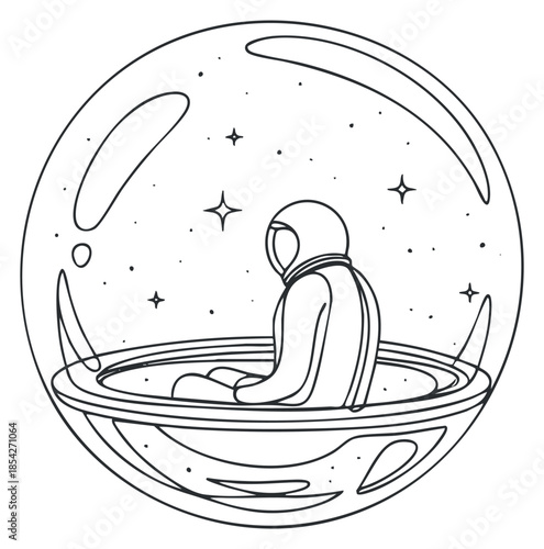 An astronaut sitting inside a UFO bubble in minimalist outline vector style, suitable for science fiction and adventure themes