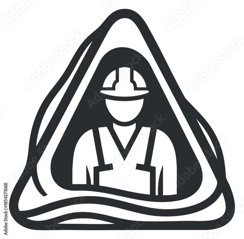 A construction worker in a safety helmet within a triangular outline in black and white vector style, suitable for safety signage and industrial design