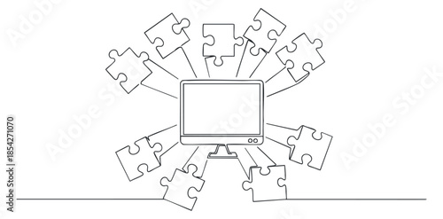 A computer monitor surrounded by scattered puzzle pieces in a minimalist outline vector style, suitable for technology and problem-solving themes